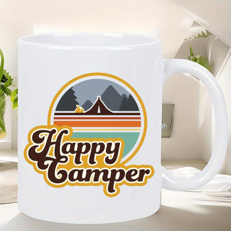 Tailorly White Ceramic 11 oz Mug - Happy Camper Retro Mountain Landscape With Evergreen Trees Under A Striped Sunset Campground