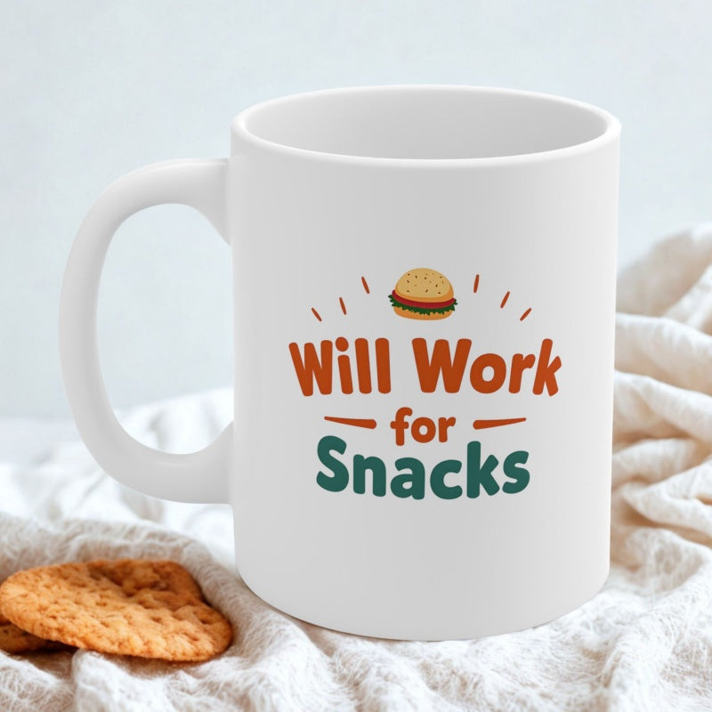 Tailorly White Ceramic 11 oz Mug - Will Work For Snacks Small Cartoon Hamburger With Radiating Lines And Playful Decorative Elements Burger