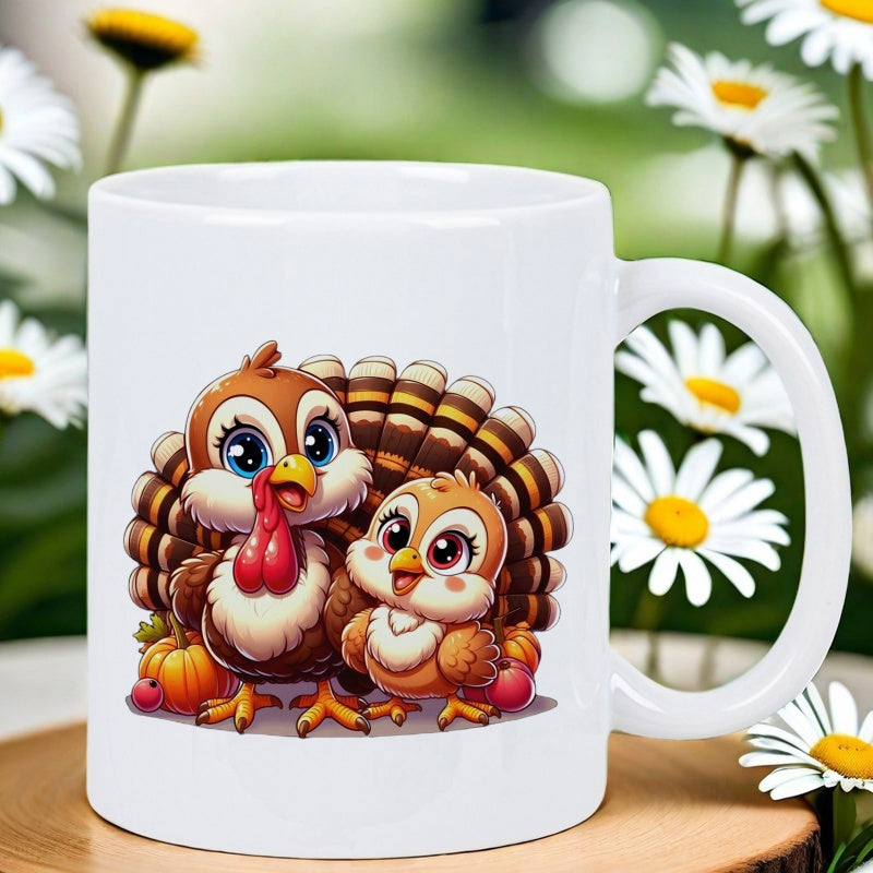 Tailorly White Ceramic 11 oz Mug - Cute Cartoon Illustration Of Adult And Baby Pair Among Tiny Pumpkins Turkey