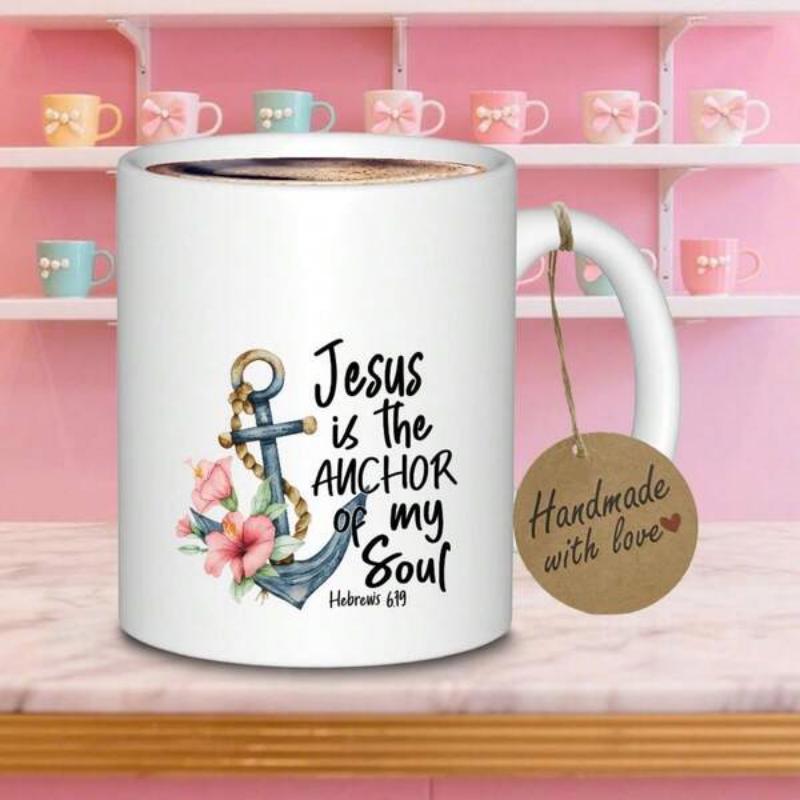 Tailorly White Ceramic 11 oz Mug - Jesus Is The Anchor Of My Soul Hebrews 6 19 Nautical Anchor Entwined With Delicate Pink Hibiscus Flowers And Golden Rope Anchor