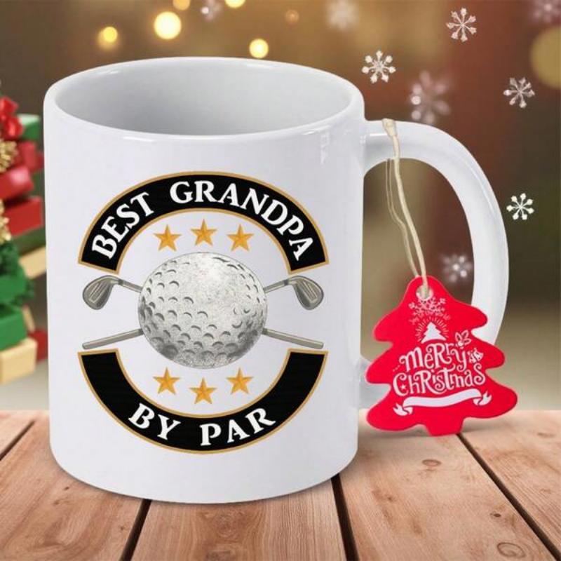 Tailorly White Ceramic 11 oz Mug - Best Grandpa By Par Realistic Dimpled Ball With Crossed Clubs And Golden Stars Golf Ball