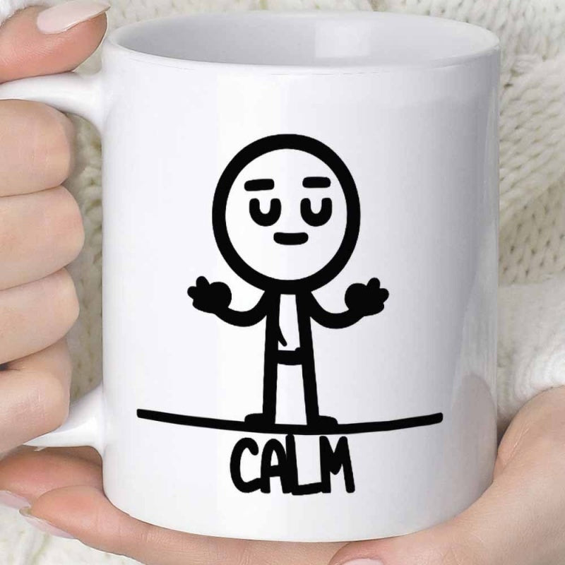 Tailorly White Ceramic 11 oz Mug - Calm Minimalist Black Line Drawing Of A Peaceful Meditative Figure Stickman