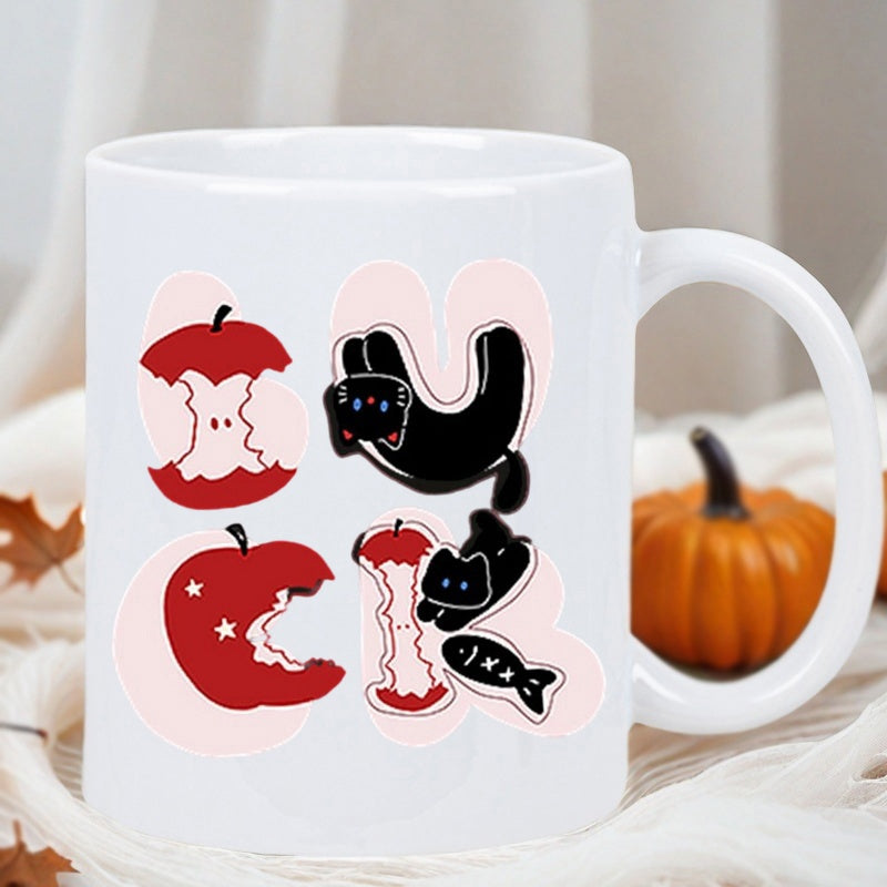 Tailorly White Ceramic 11 oz Mug - Playful Black Kittens Playing Among Fresh Bitten Red Apples And Cores Cat