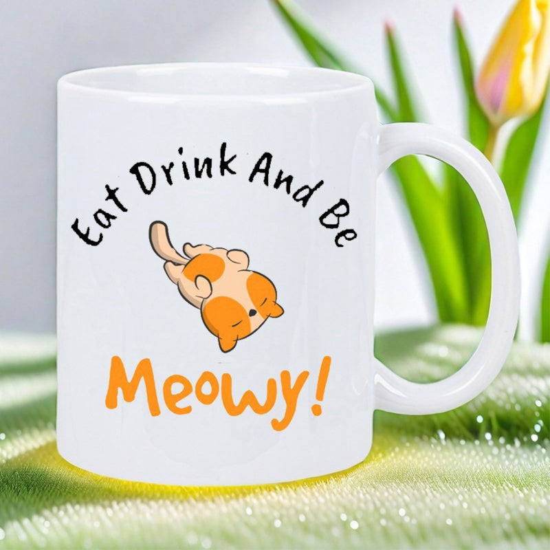 Tailorly White Ceramic 11 oz Mug - Eat Drink And Be Meowy Cute Chubby Orange Kitten Sleeping Peacefully On Back Cat