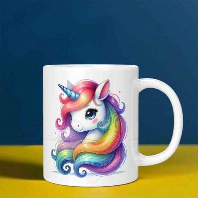 Tailorly White Ceramic 11 oz Mug - Cute Baby Unicorn With Rainbow Colored Mane And Spiral Horn Unicorn