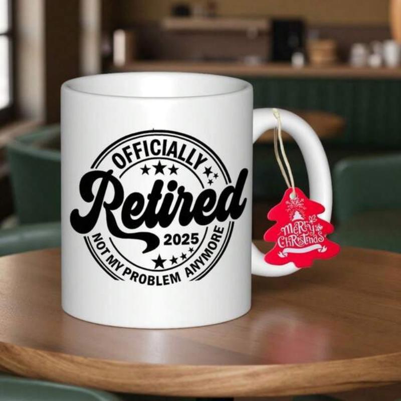 Tailorly White Ceramic 11 oz Mug - Officially Retired 2025 Not My Problem Anymore Circular Stamp Motif With Decorative Stars Printed On