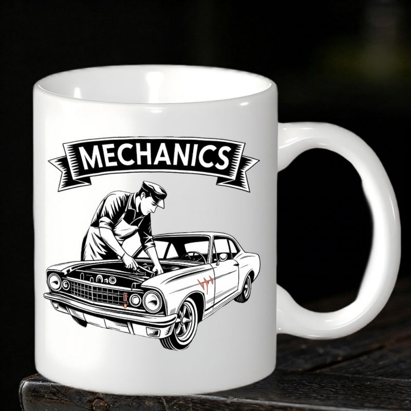 Tailorly White Ceramic 11 oz Mug - Mechanics Vintage Style Garage Worker Repairing A Retro Muscle Car
