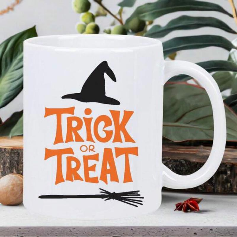 Tailorly White Ceramic 11 oz Mug - Trick Or Treat Festive Halloween Broomstick Underneath A Floating Mysterious Pointy Black Witch Hat
