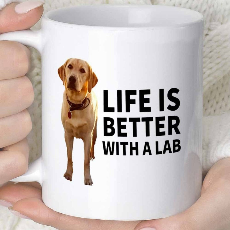 Tailorly White Ceramic 11 oz Mug - Life Is Better With A Lab Faithful Loyal Yellow Labrador Retriever Pet Standing Calmly Against A White Backdrop Dog