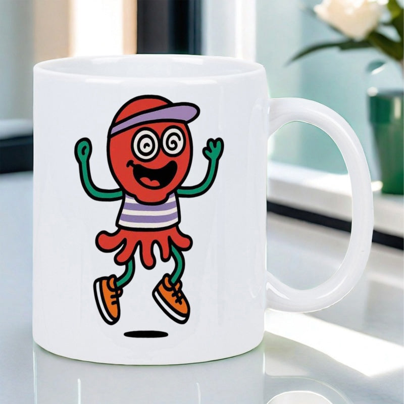 Tailorly White Ceramic 11 oz Mug - Vibrant Red Cartoon Octopus Wearing Purple Visor And Striped Shirt Energetic Dancing Octopus