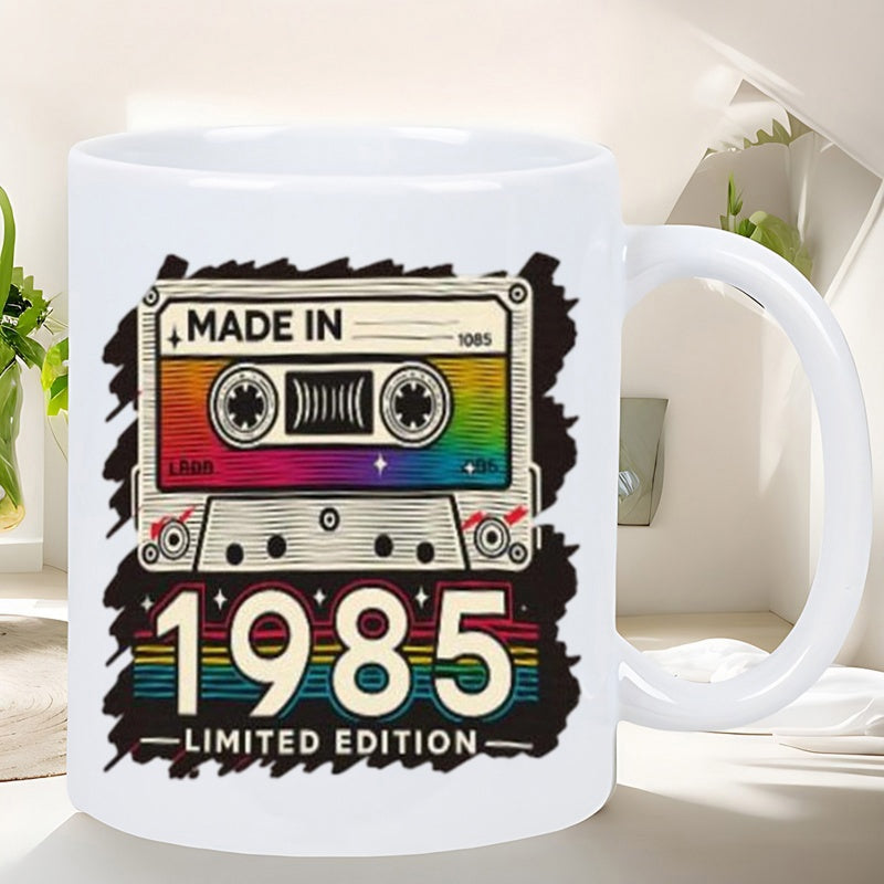 Tailorly White Ceramic 11 oz Mug - Made In 1985 Limited Edition Vintage Rainbow Aesthetic Graphic Design With Nostalgic Retro Music Tape Cassette