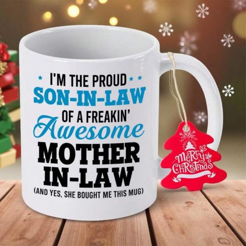 Tailorly White Ceramic 11 oz Mug - Im The Proud Son In Law Of A Freakin Awesome Mother In Law And Yes She Bought Me This Mug Elegant With Bold Typography And Red