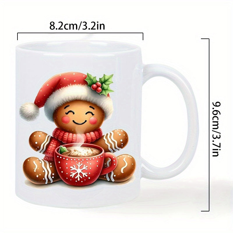 Tailorly White Ceramic 11 oz Mug - Festive Smiling Holiday Figure Wearing Red Santa Hat Holding Hot Cocoa Gingerbread