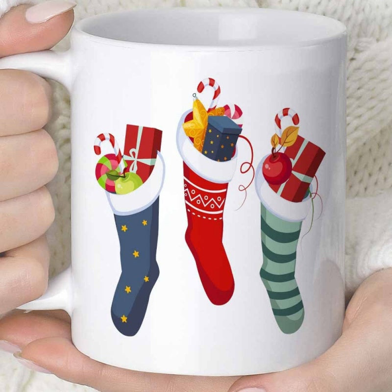Tailorly White Ceramic 11 oz Mug - Three Festive Decorative Stockings Filled With Holiday Gifts And Candy Cane Stocking