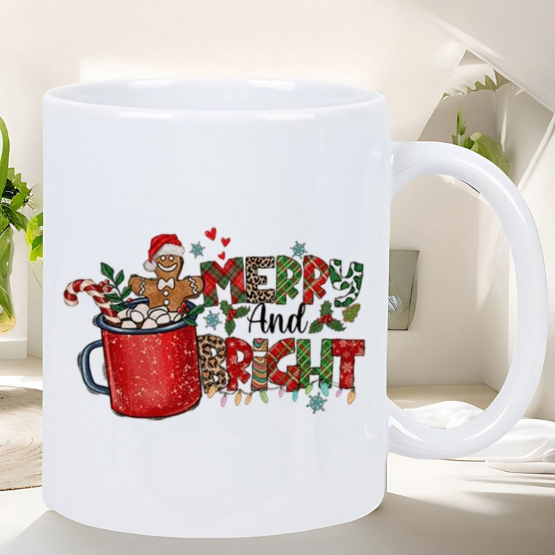 Tailorly White Ceramic 11 oz Mug - Merry And Bright Festive Gingerbread Man Wearing Santa Hat Inside Patterned Hot Cocoa Mug