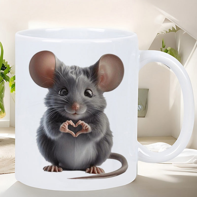 Tailorly White Ceramic 11 oz Mug - Adorable Fluffy Grey Rodent Making Heart Shape With Tiny Paws Mouse