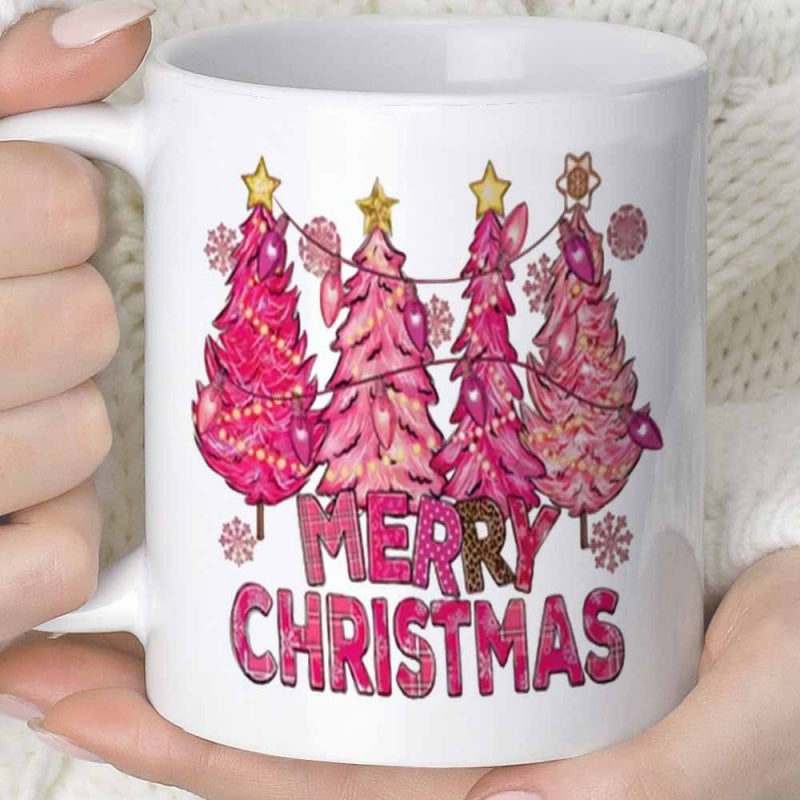 Tailorly White Ceramic 11 oz Mug - Merry Christmas Stylized Pink Christmas Trees With Golden Stars And Glowing Lights Among Snowflakes Tree