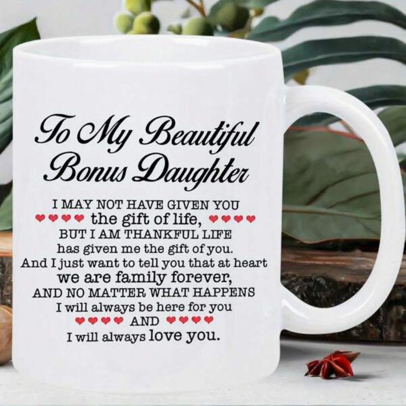 Tailorly White Ceramic 11 oz Mug - To My Beautiful Bonus Daughter Sentimental Message With Rows Of Small Red Hearts Under Scripted Heading Mug