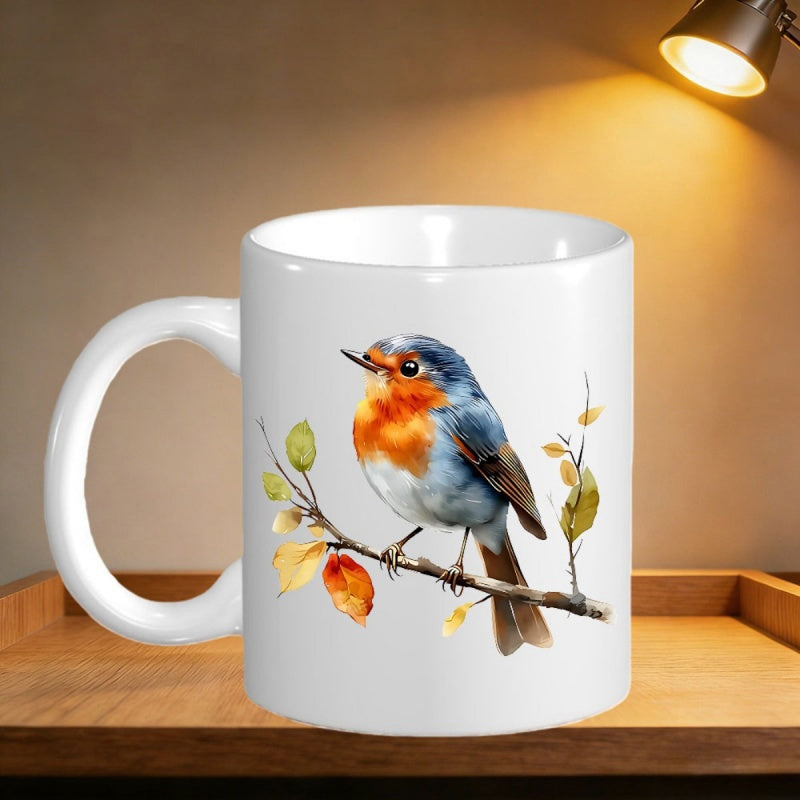 Tailorly White Ceramic 11 oz Mug - Vibrant Watercolor Bird Perched Peacefully On A Delicate Autumn Branch Robin