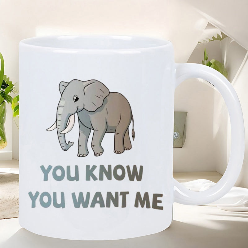 Tailorly White Ceramic 11 oz Mug - You Know You Want Me Cute Grey Elephant Standing Calmly Within A Bright Well Lit Room Elephant