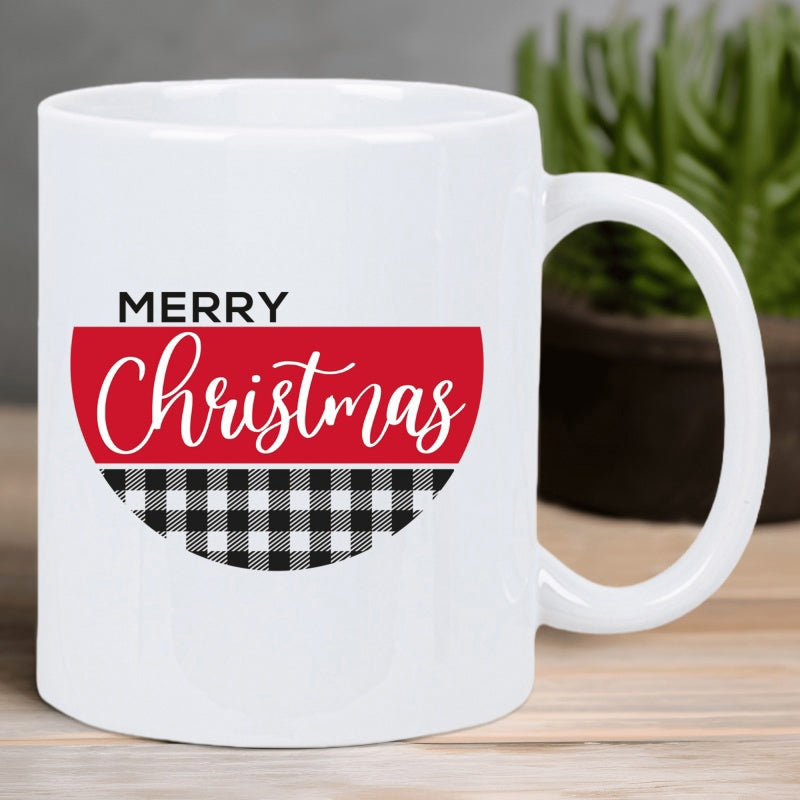 Tailorly White Ceramic 11 oz Mug - Merry Christmas Festive Half Circle Featuring Classic Buffalo Plaid Pattern With Red Seasonal Backdrop Mug