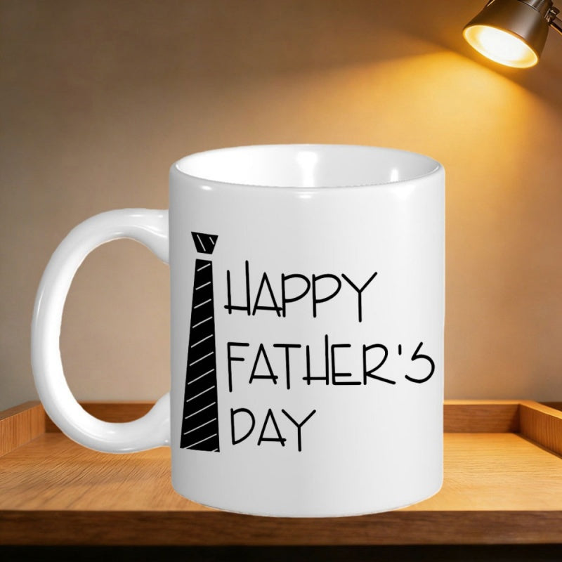 Tailorly White Ceramic 11 oz Mug - Happy Father's Day Minimalist Bold Black Necktie Silhouette Featuring Modern Geometric Linear Accents Necktie