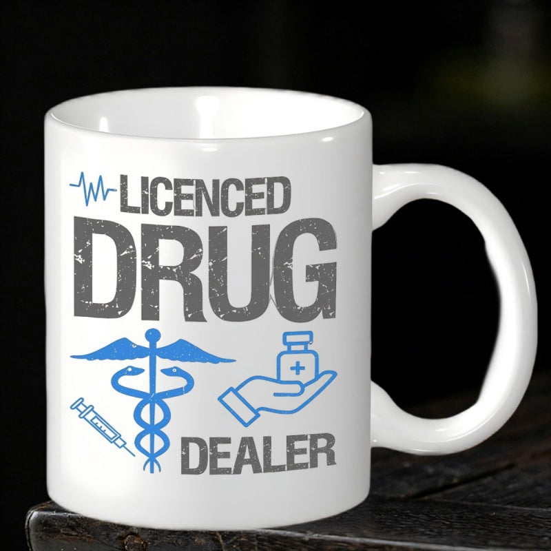 Tailorly White Ceramic 11 oz Mug - Licenced Drug Dealer Distressed Typography With Medical Caduceus Heartbeat Symbol And Syringe Icon Mug