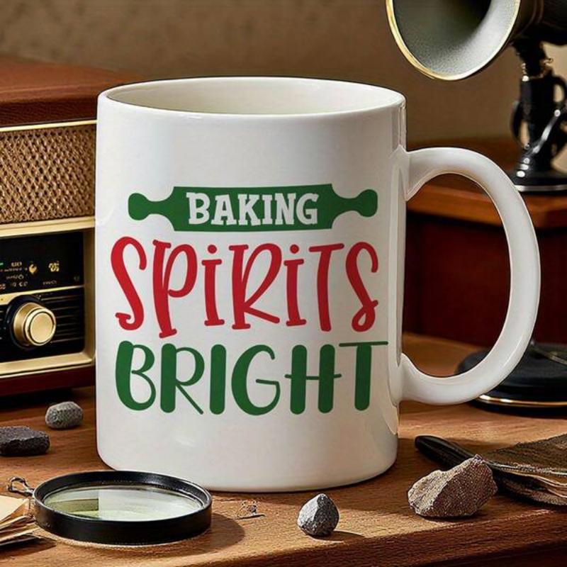 Tailorly White Ceramic 11 oz Mug - Baking Spirits Bright Festive Holiday Kitchen Theme With A Green Rolling Pin Ceramic Mug