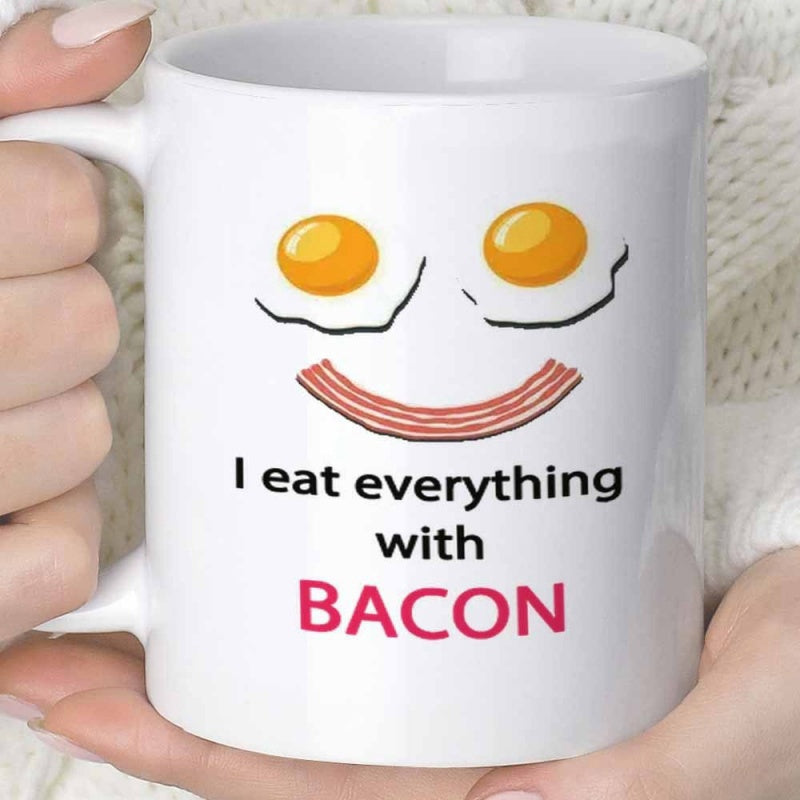 Tailorly White Ceramic 11 oz Mug - I Eat Everything With Bacon Smiling Breakfast Face Created With Two Fried Eggs And Sizzling Bacon