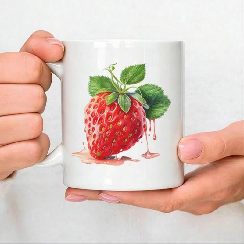 Tailorly White Ceramic 11 oz Mug - Vibrant Red Juicy Fruit With Lush Green Leaves And Splashing Juice Strawberry