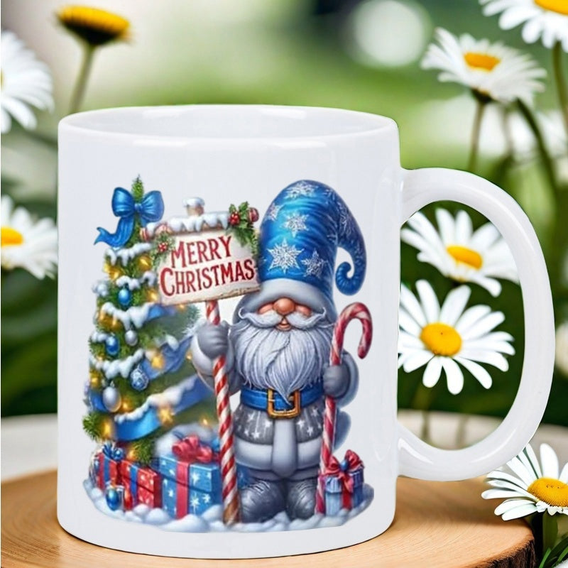 Tailorly White Ceramic 11 oz Mug - Merry Christmas Festive Blue Hat Gnome Holding Sign Beside Snowy Christmas Tree Gnome