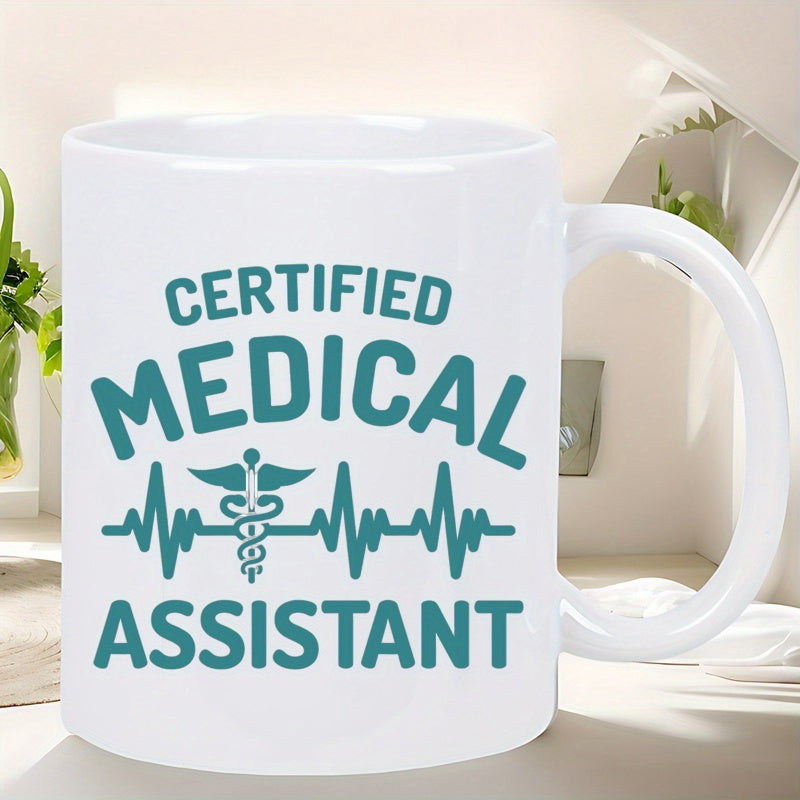 Tailorly White Ceramic 11 oz Mug - Certified Medical Assistant Professional Medical Caduceus Symbol Flowing Through A Vibrant Beating Heartbeat Line Mug