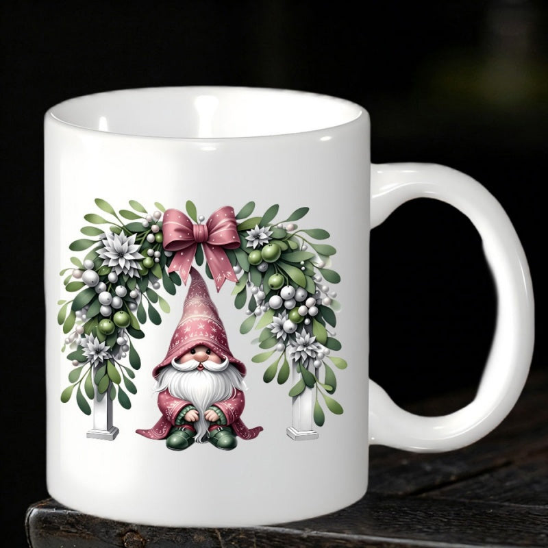 Tailorly White Ceramic 11 oz Mug - Festive Pink Hat Sitting Under Mistletoe Arch With Ribbon And Ornaments Gnome