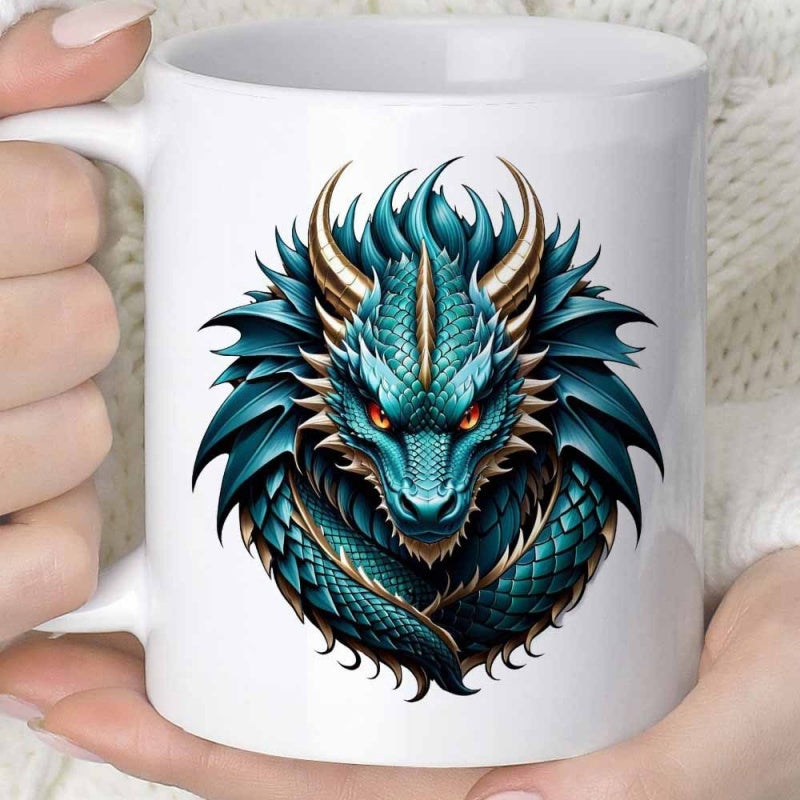 Tailorly White Ceramic 11 oz Mug - Fierce Teal Mythical Beast With Golden Horns And Sharp Detailed Scales Dragon