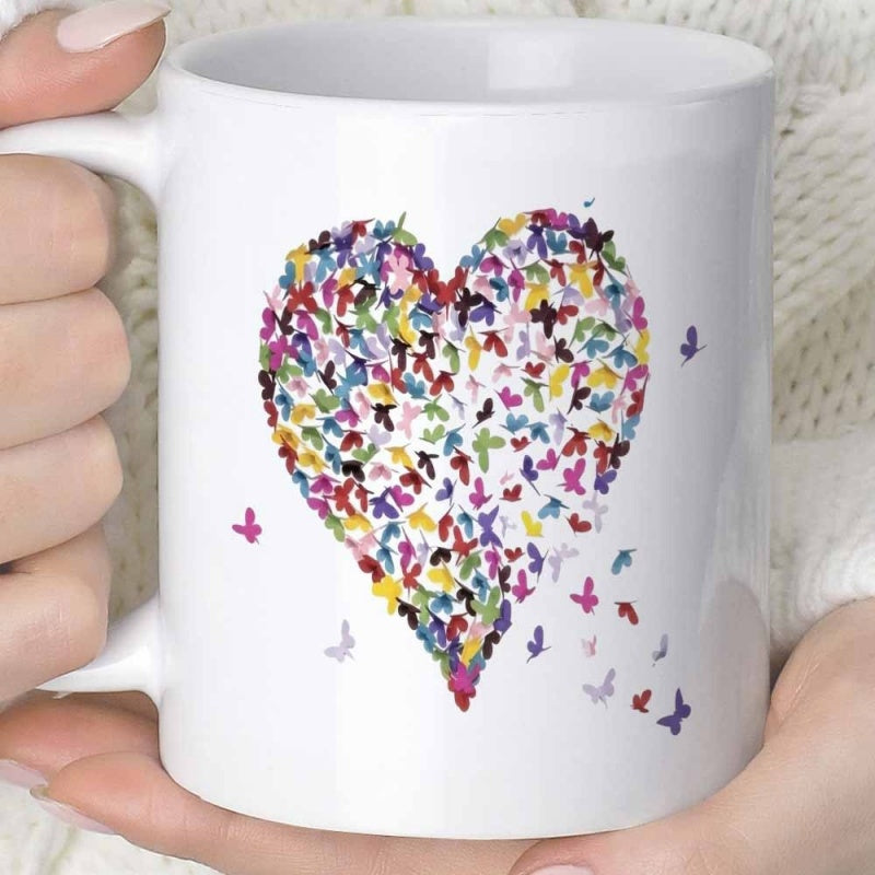 Tailorly White Ceramic 11 oz Mug - Vibrant Multicolored Flying Butterflies Forming A Delicate Romantic Artistic Heart
