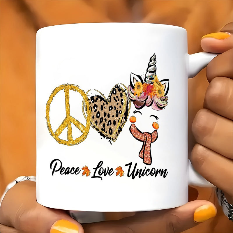 Tailorly White Ceramic 11 oz Mug - Peace Love Unicorn Magical Leopard Heart With Autumn Flower Crown And Scarf Unicorn