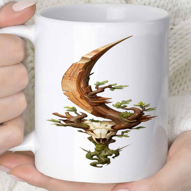 Tailorly White Ceramic 11 oz Mug - Artistic Wooden Crescent Moon With Sprouting Leaves And Intricate Animal Skull Sculpture