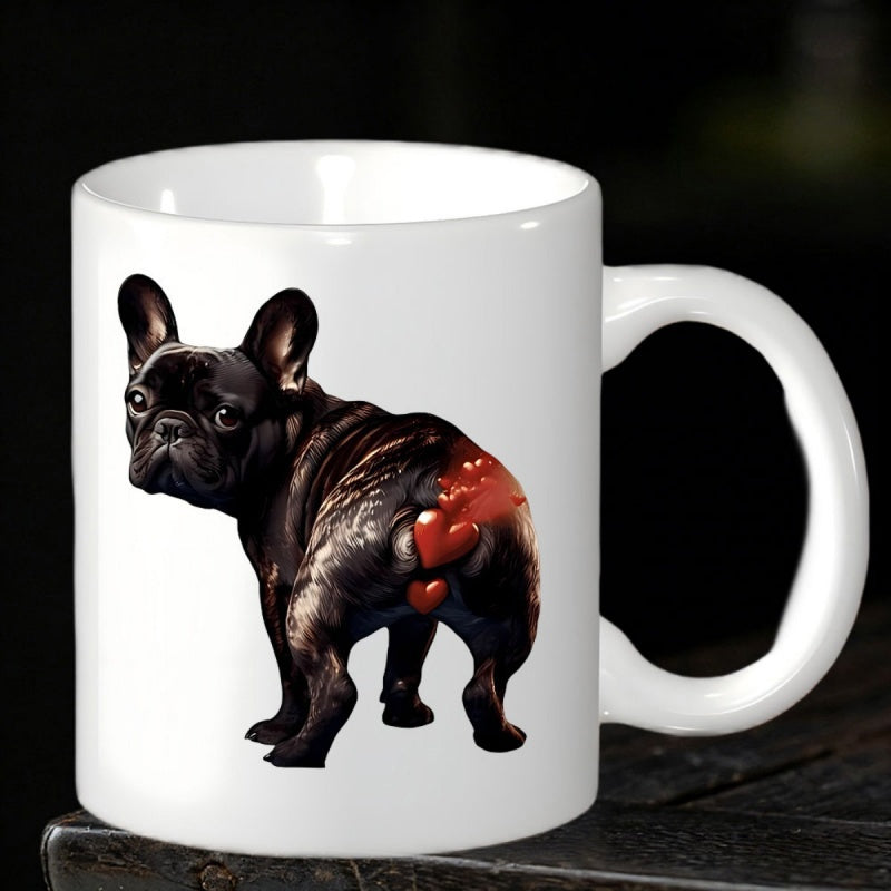 Tailorly White Ceramic 11 oz Mug - Realistic Black French Bulldog With Red Hearts Looking Back Curiously Bulldog