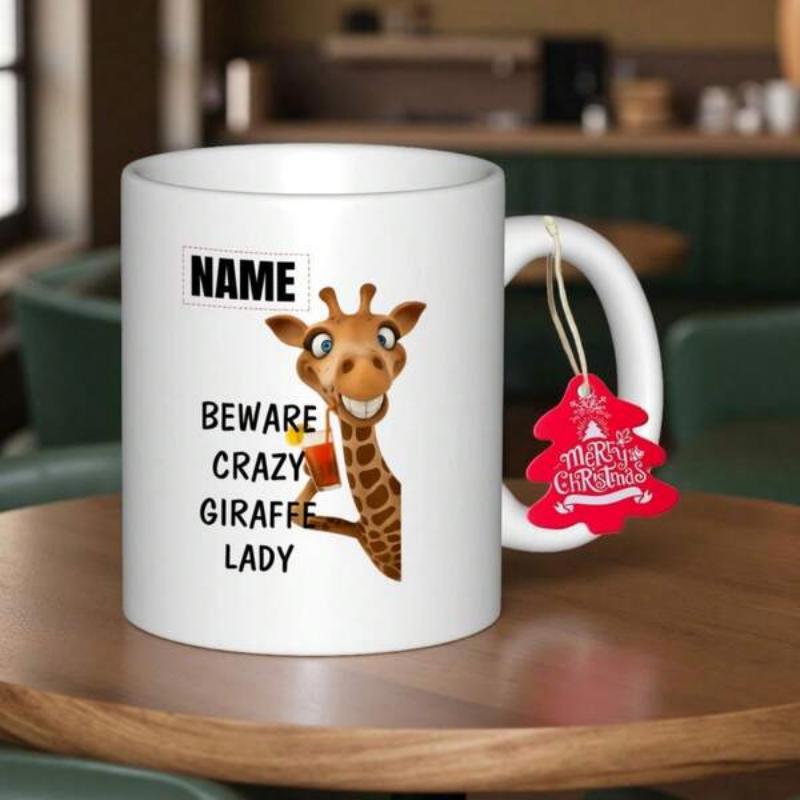 Tailorly White Ceramic 11 oz Mug - Beware Crazy Giraffe Lady Name Funny Cartoon Animal Peeking With Friendly Smile And Large Spotty Neck Giraffe