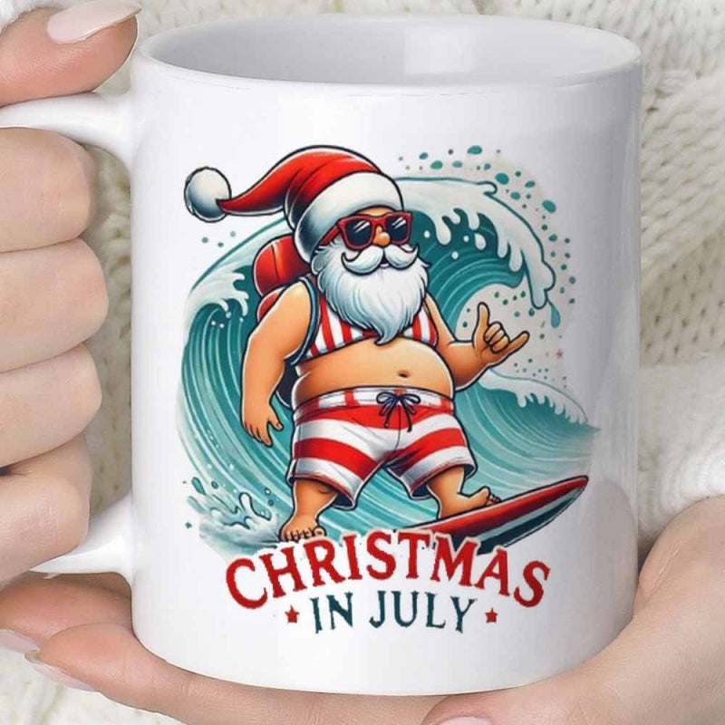 Tailorly White Ceramic 11 oz Mug - Christmas In July Cool Surfing Santa Claus Riding Ocean Waves Under Summer Sun Santa