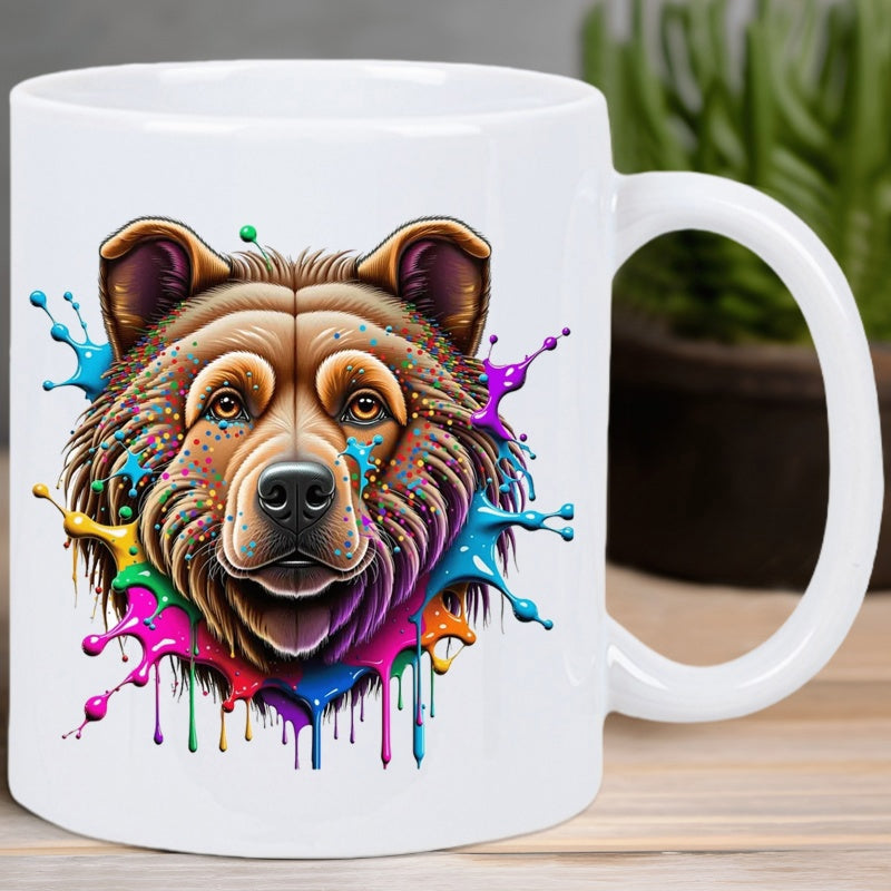 Tailorly White Ceramic 11 oz Mug - Artistic Brown Furry Face With Colorful Dripping Splashed Paint Bear