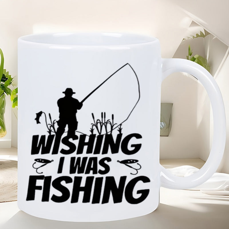 Tailorly White Ceramic 11 oz Mug - Wishing I Was Fishing Graceful Silhouette Of A Man Catching Fish Among Reeds Under Sky Fisherman