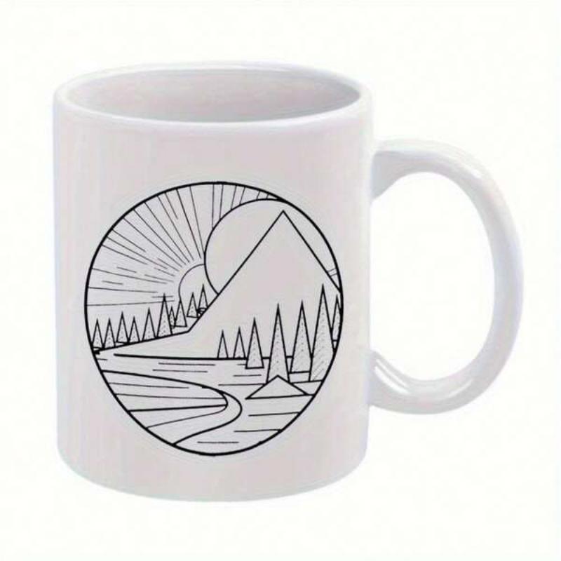 Tailorly White Ceramic 11 oz Mug - Minimalist Line Art Nature Scene With River And Pine Tree Mountain