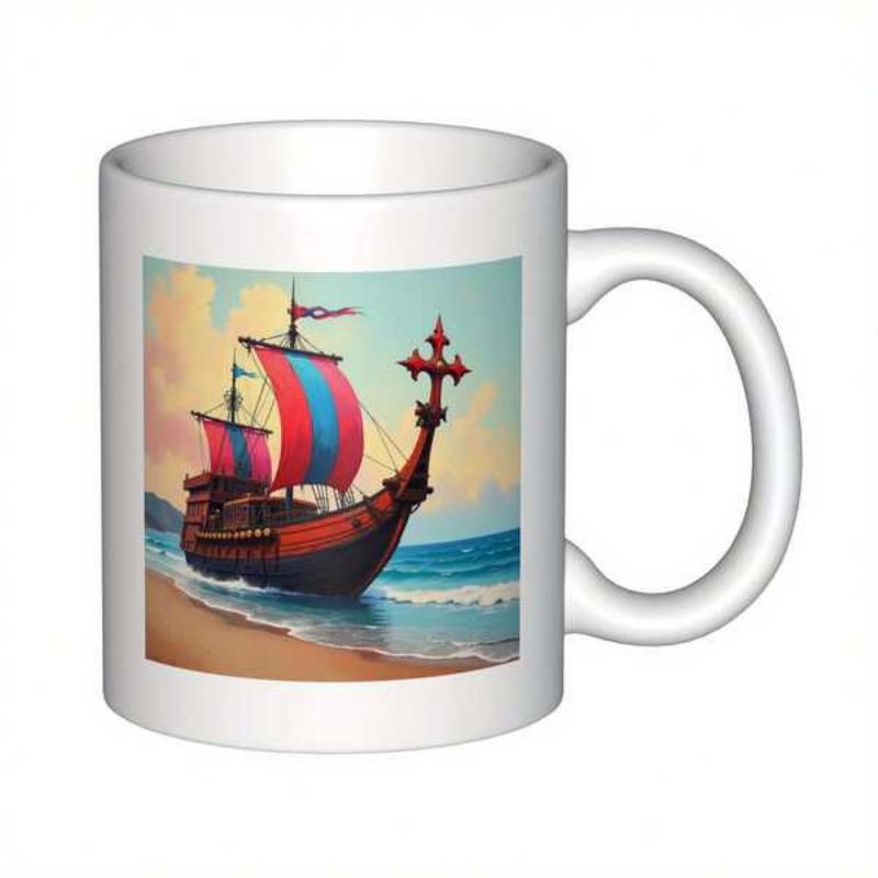 Tailorly White Ceramic 11 oz Mug - Majestic Classic Galleon With Vibrant Striped Sails Resting Upon Golden Sandy Shoreline Ship