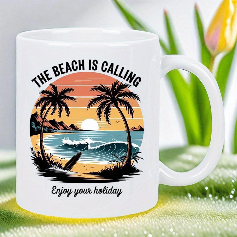 Tailorly White Ceramic 11 oz Mug - The Beach Is Calling Enjoy Your Holiday Tropical Sunset With Palm Trees And Waves Crashing On Shore Beach