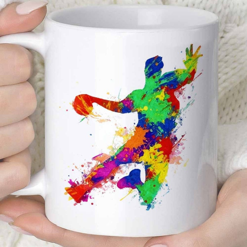 Tailorly White Ceramic 11 oz Mug - Colorful Watercolor Splatter Silhouette Jumping To Throw A Dynamic Ball Player