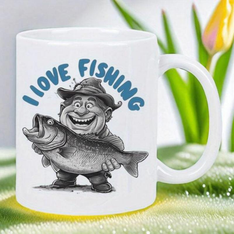 Tailorly White Ceramic 11 oz Mug - I Love Fishing Happy Cartoon Fisherman Holding A Large Prize Catch Bass Fish Fisherman