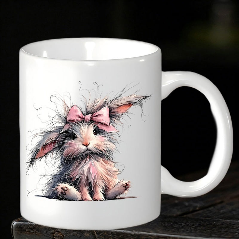 Tailorly White Ceramic 11 oz Mug - Delicate Hand Drawn Fluffy With Large Pink Ribbon Bow Sitting Calmly Bunny