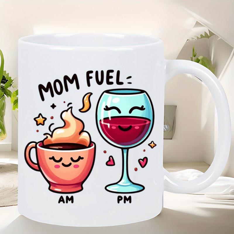Tailorly White Ceramic 11 oz Mug - Mom Fuel AM PM Cute Smiling Coffee Cup And Happy Red Wine Glass Mug