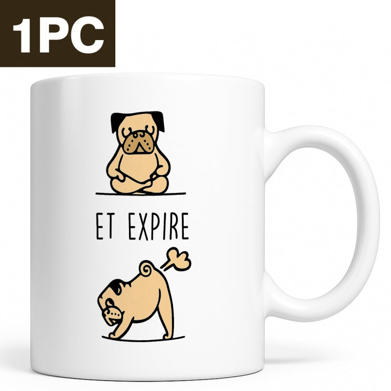Tailorly White Ceramic 11 oz Mug - Cute Cartoon Yoga Pugs Doing Exercises On Clean White Ceramic Pug